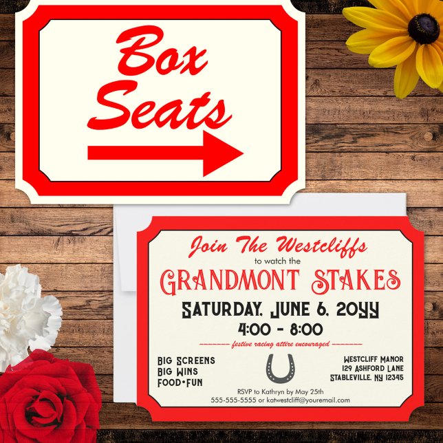 Vintage Box Seats Sign Horse Race Party Invitation (Vintage sign style Box Seats invitations for your horse racing watch party)