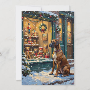 Vintage Boxer Dog at Christmas Toy Shop Window Holiday Card
