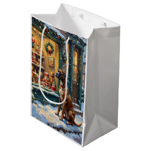 Vintage Boxer Dog at Christmas Toy Shop Window Medium Gift Bag
