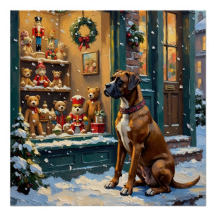 Vintage Boxer Dog at Christmas Toy Shop Window Poster