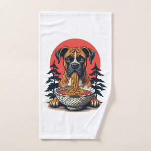 Vintage Boxer Dog Eating Ramen Japanese Sunset Ill Hand Towel