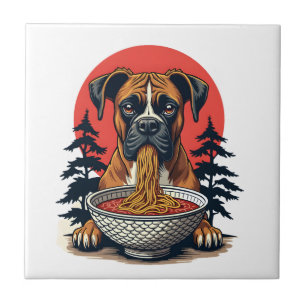 Vintage Boxer Dog Eating Ramen Japanese Sunset Ill Tile
