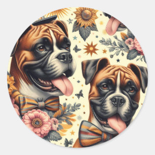 Vintage Boxer Dog Illustration Classic Round Sticker