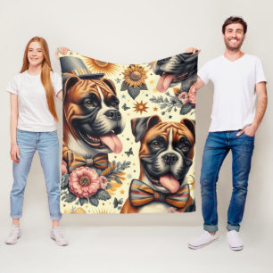 Vintage Boxer Dog Illustration Fleece Blanket
