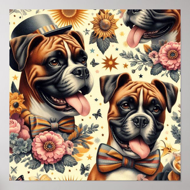 Vintage Boxer Dog Illustration Poster (Front)