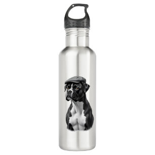 Vintage Boxer Dog in Cap Monochrome Graphic Illust 710 Ml Water Bottle