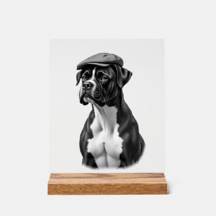 Vintage Boxer Dog in Cap Monochrome Graphic Illust Acrylic Sign