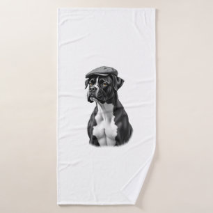 Vintage Boxer Dog in Cap Monochrome Graphic Illust Bath Towel