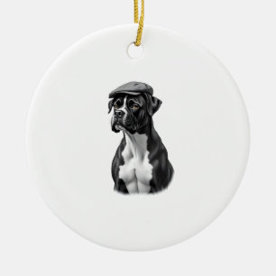 Vintage Boxer Dog in Cap Monochrome Graphic Illust Ceramic Tree Decoration