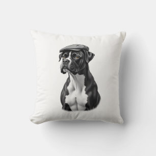 Vintage Boxer Dog in Cap Monochrome Graphic Illust Cushion