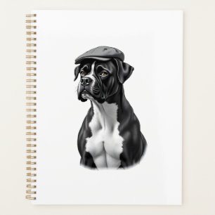 Vintage Boxer Dog in Cap Monochrome Graphic Illust Planner