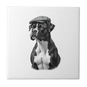 Vintage Boxer Dog in Cap Monochrome Graphic Illust Tile
