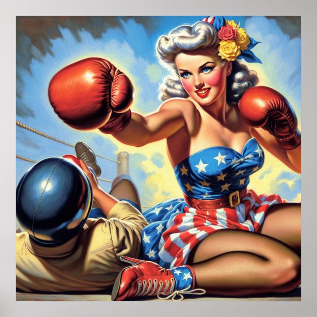 Vintage Boxing Girl Illustration Poster (Front)