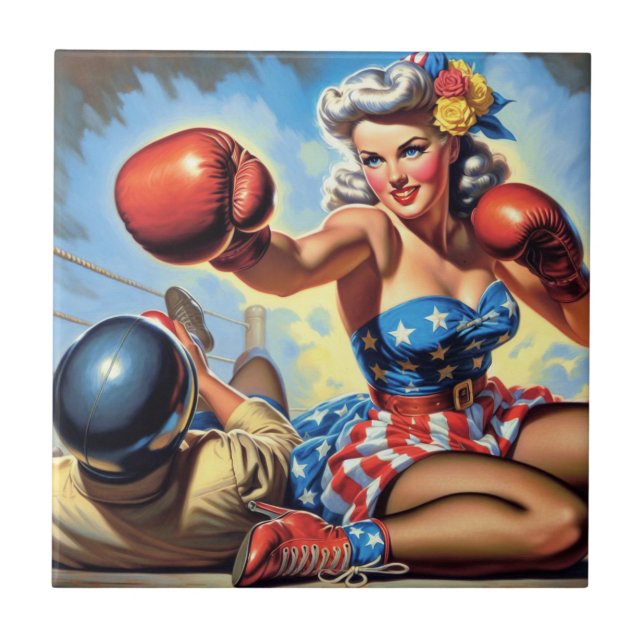 Vintage Boxing Girl Illustration Tile (Front)