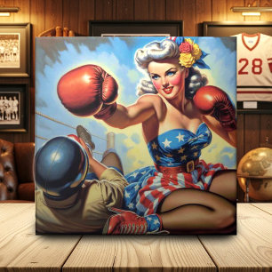 Vintage Boxing Girl Illustration Tile