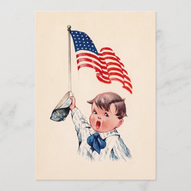 Vintage Boy American Flag 4th of July Postcard (Front)