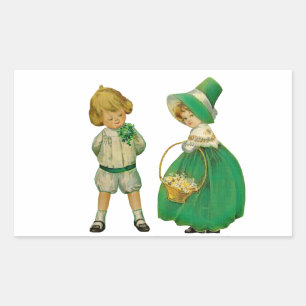 Vintage boy and girl children green St Patrick Rectangular Sticker