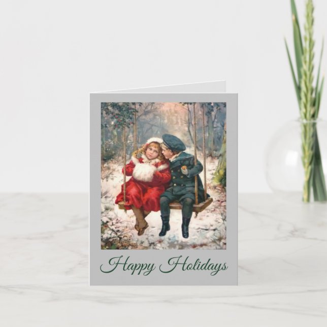 Vintage Boy and Girl in Swing Christmas Card (Front)