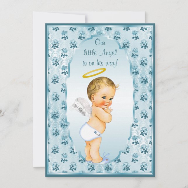 Vintage Boy Angel Blue Roses Baby Shower Invitation (Front)