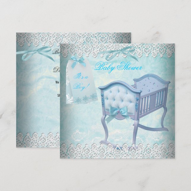 Vintage Boy Baby Shower Blue Lace Crib Invitation (Front/Back)