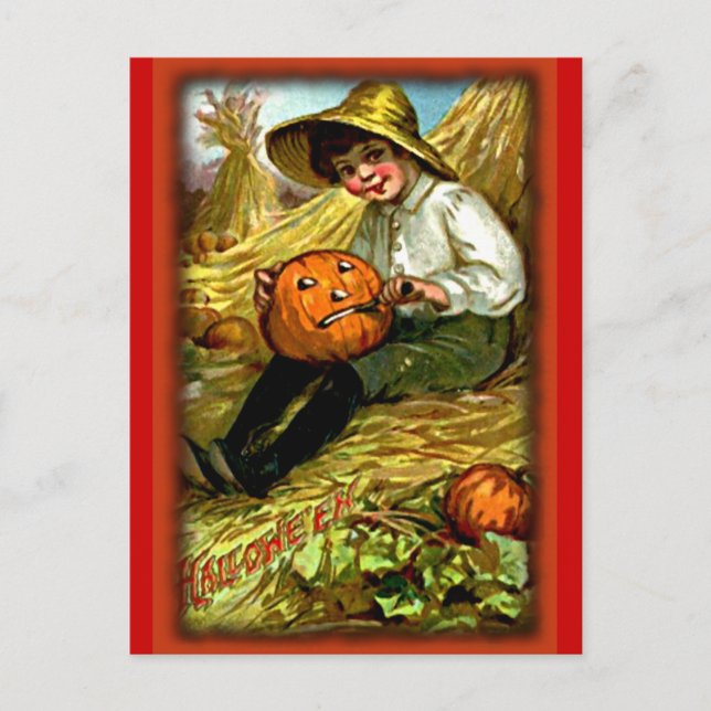 Vintage Boy Carving Pumpkin Halloween Postcard (Front)