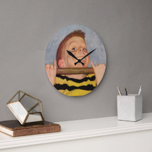 Vintage Boy Doing Chin Ups, Fitness and Exercise Large Clock
