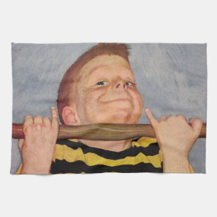 Vintage Boy Doing Chin Ups, Fitness and Exercise Tea Towel
