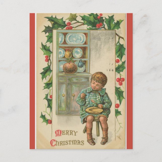 Vintage Boy Eating Plum Pudding Christmas Postcard (Front)