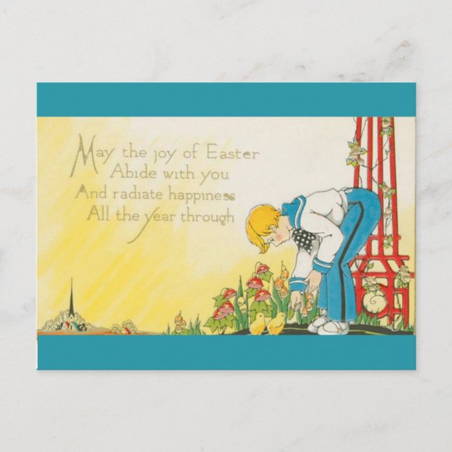 Vintage Boy Feeding Chicks Easter Postcard (Front)
