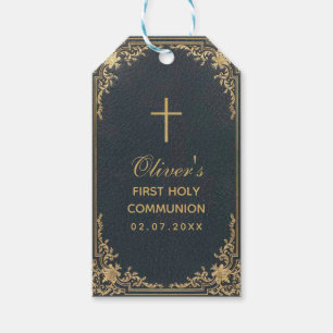 Vintage Boy First Communion Blue Gold Cross Script Gift Tags
