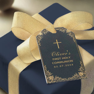 Vintage Boy First Communion Blue Gold Cross Script Gift Tags