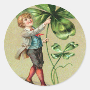Vintage Boy Four Leaf Clover St Patrick's Day Card Classic Round Sticker