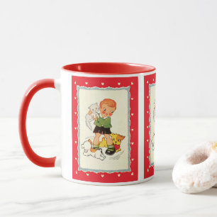 Vintage Boy Holding a Kitten with Racing Puppies Mug