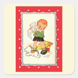 Vintage Boy Holding a Kitten with Racing Puppies Square Sticker