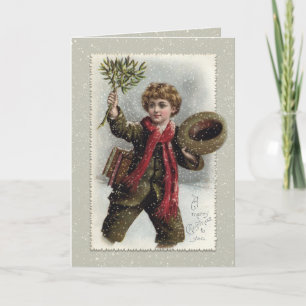 Vintage Boy in Snow with Merry Christmas Greeting Holiday Card