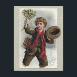Vintage Boy in Snow with Merry Christmas Greeting Holiday Postcard<br><div class="desc">Cheery curly-haired vintage schoolboy walking through the snow tipping his hat and waving a bough of mistletoe with Merry Christmas greeting.</div>