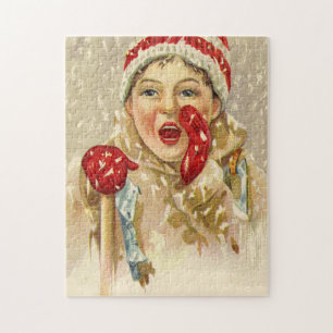 vintage boy in the snow jigsaw puzzle