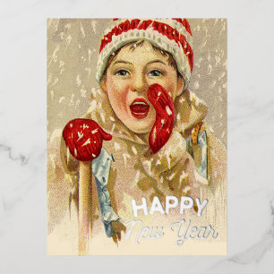 vintage boy in the snow  - New  Year  Foil Holiday Postcard