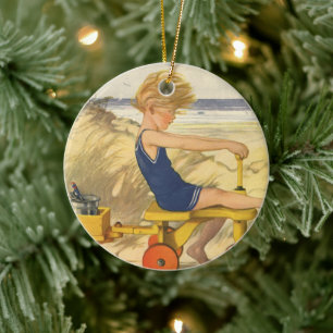 Vintage Boy Playing at the Beach with Sand Toys Ceramic Tree Decoration
