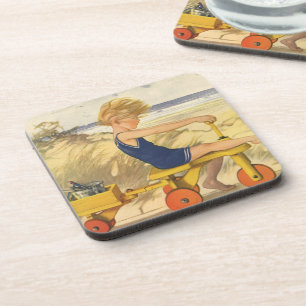 Vintage Boy Playing at the Beach with Sand Toys Coaster