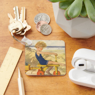 Vintage Boy Playing at the Beach with Sand Toys Key Ring