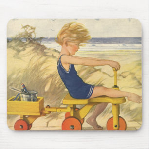 Vintage Boy Playing at the Beach with Sand Toys Mouse Mat