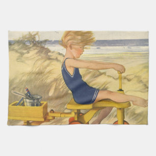 Vintage Boy Playing at the Beach with Sand Toys Tea Towel