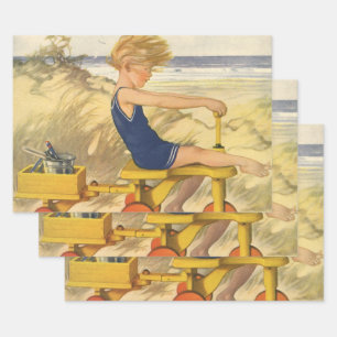 Vintage Boy Playing at the Beach with Sand Toys Wrapping Paper Sheet