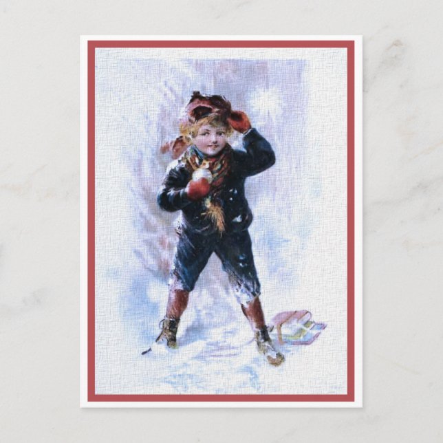 Vintage Boy Playing Snowballs Postcard (Front)