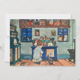 Vintage Boy Playing with Christmas Toys Painting Holiday Card