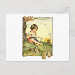 Vintage Boy Reading with Woodland Rabbits Postcard