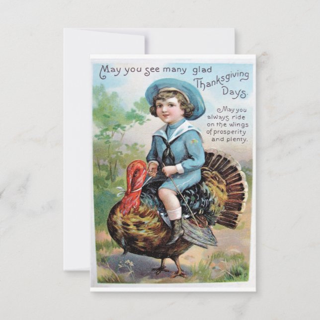 Vintage Boy Riding on Turkey Thanksgiving Greeting Card (Front)