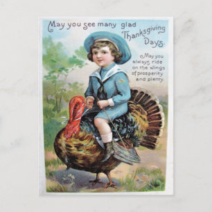 Vintage Boy Riding on Turkey Thanksgiving Greeting Postcard