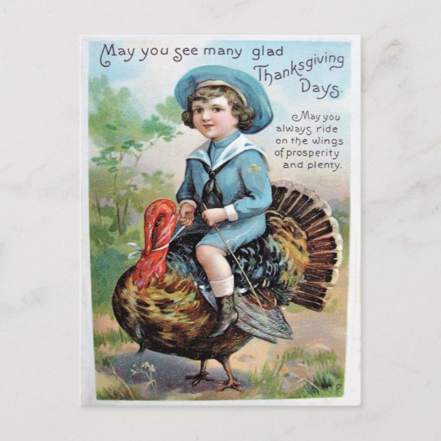 Vintage Boy Riding on Turkey Thanksgiving Greeting Postcard (Front)